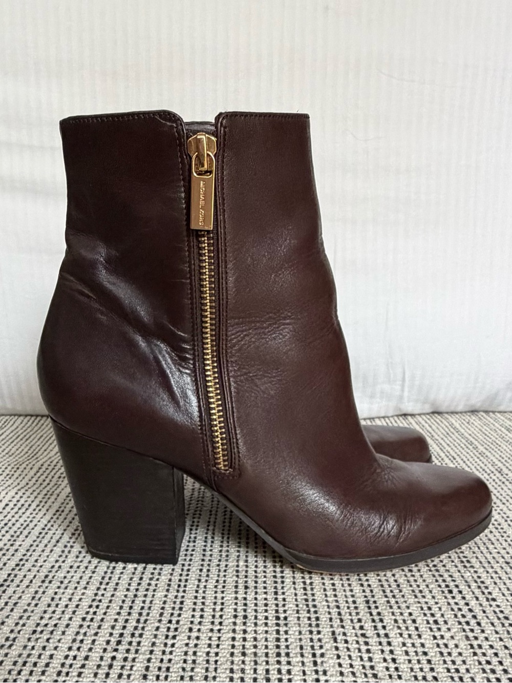 Michael Kors Dark Brown Leather Block-Heel Ankle Boots with Gold Zip-7.5